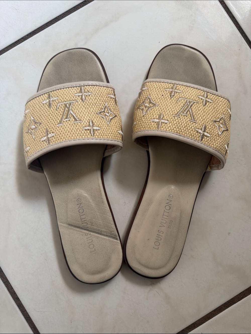 Louis Vuitton Natural Raffia Monogram Slide Sandals
